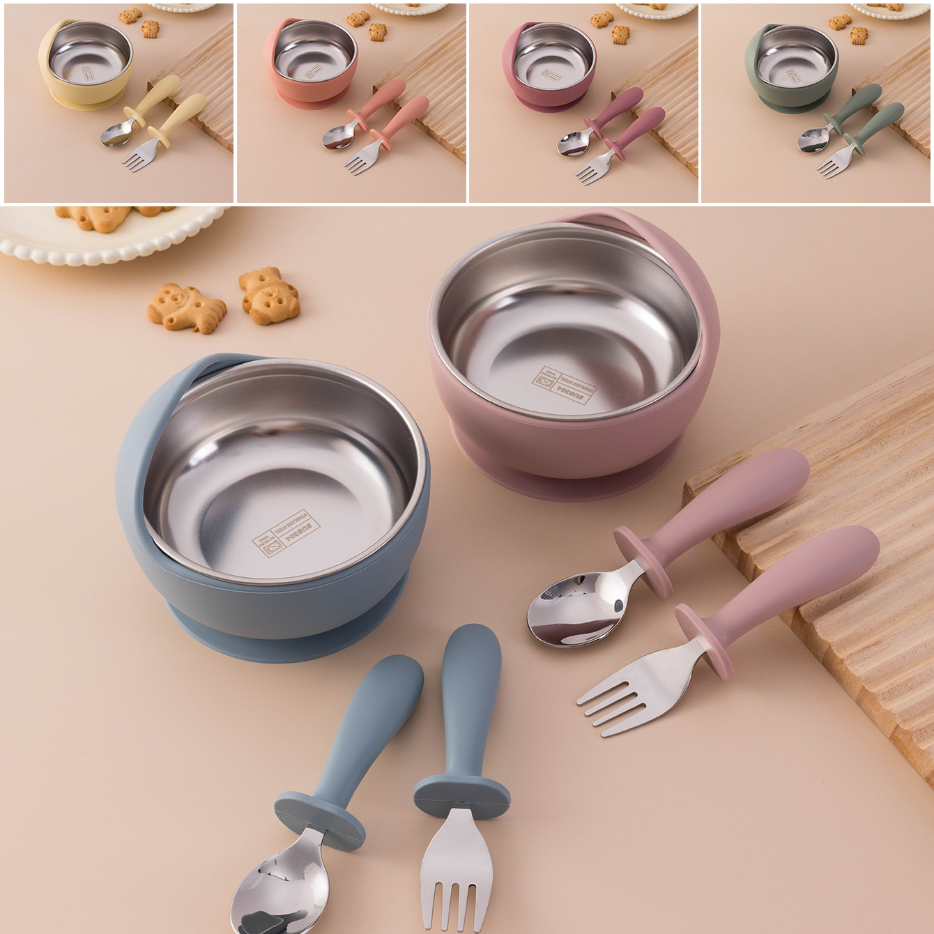 Baby Food Kit - Color Kids 3PCS Stainless Steel Silicone