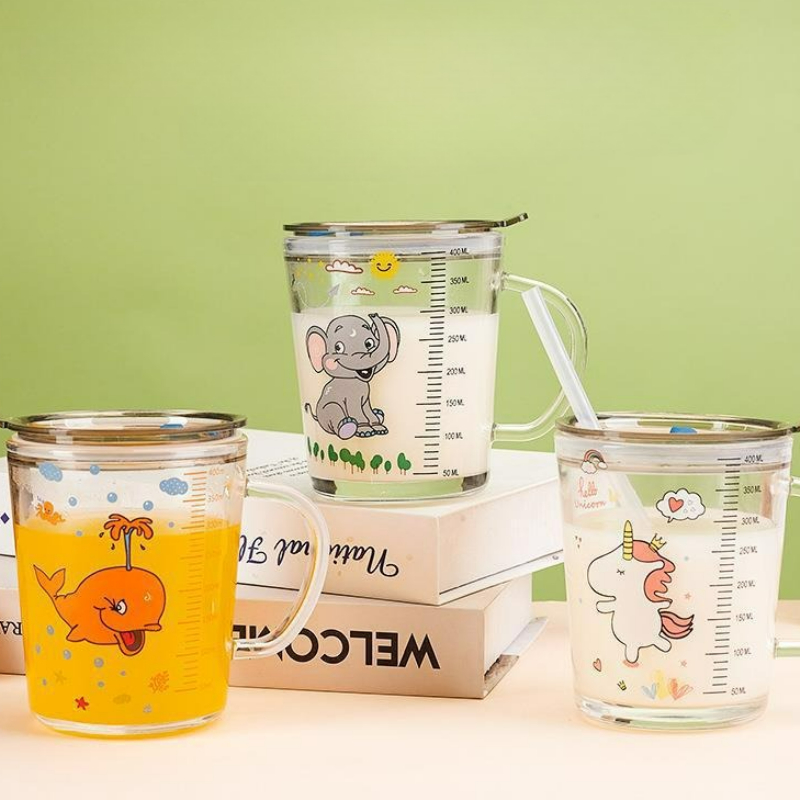 Baby Food Glass - Cartoon Glass Mug with Lid Children